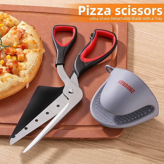 Pizza Scissors, Pizza Cutter with Shovel, Food-Grade Sharp Stainless Steel Blade and Soft Grip Handle, Multifunctional Kitchen Scissors, 27cm (black)