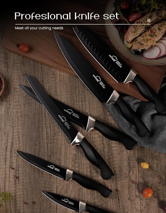 Amorston Knife Set, 15 Pieces Kitchen Knives Set with Block and Built in Sharpener, Dishwasher Safe Knife Block Set, German Stainless Steel Knife Block Set for Home Kitchen Gifts, Black