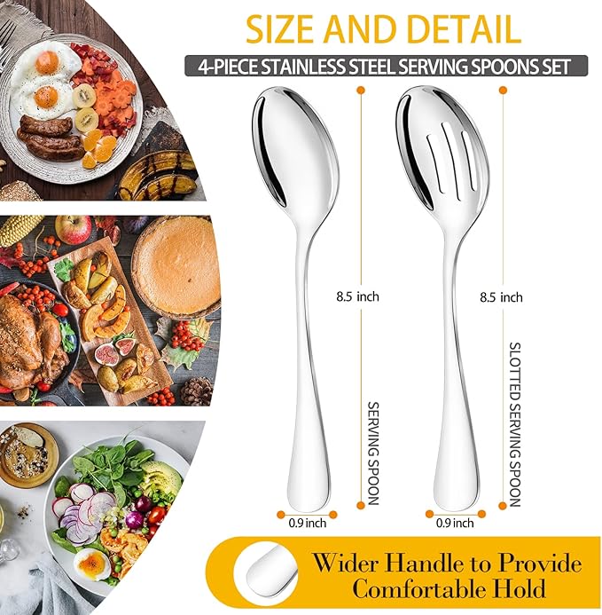 VIVANI 4-Piece Stainless Steel Buffet Serving Spoons Set, Include 2 Serving Spoons and 2 Slotted Spoons, Dishwasher Safe for Buffet, Catering and Party, 8.5 Inches