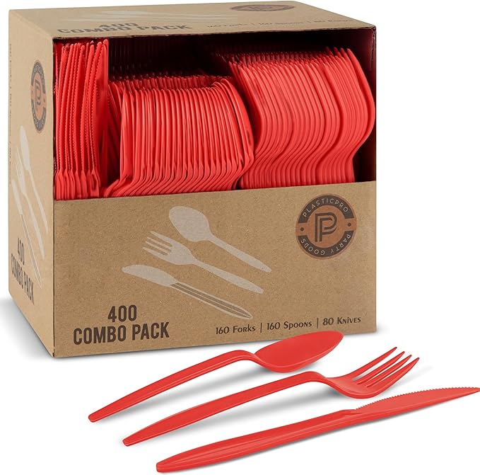 PLASTICPRO 400 PackChristmass Red HolidayDisposable Plastic Utensils Assorted Colored Cutlery Combo Set Forks Spoons Knives Silverware, Red Plastic Cutlery for Parties