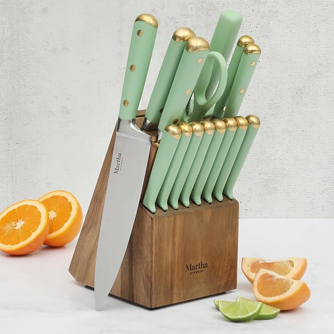 Martha Stewart 16 Piece Lockton High Carbon Stainless Steel Cutlery Kitchen Knife Block Set W/ABS Triple Riveted Forged Handle Acacia Wood Block - Sage Green W/Gold
