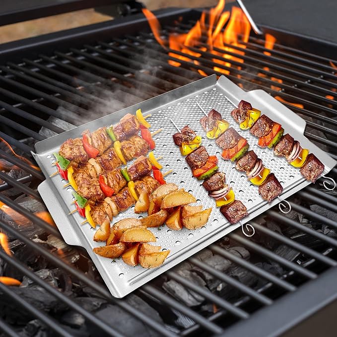 Grill Pan, Nonstick Grill Topper for Outdoor Grilling, Perforated BBQ Tray with Handles for Cooking Vegetable, Fish, Meat, Seafood