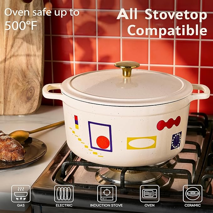 CAROTE 5QT Cast Iron Dutch Oven Pot with Lid, Enameled Floral Dutch Ovens with Gift Box, Versatile Heavy-Duty Cookware for Sourdough Bread Baking, Braising, Stews, Roasting, Healthy & Non-Toxic, All Stovetop Compatible, Oven Safe up to 500° F, Bonjour