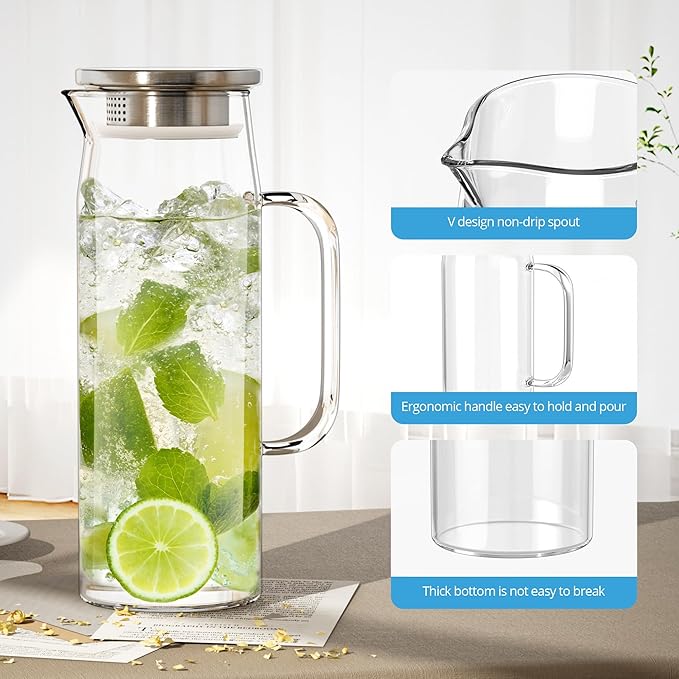 3 Sets Glass Pitcher with Lid, 50 oz / 1500 ml Water Carafe with Handles Hot Cold Beverage Water Jar Glass Jug (Stainless steel lid)