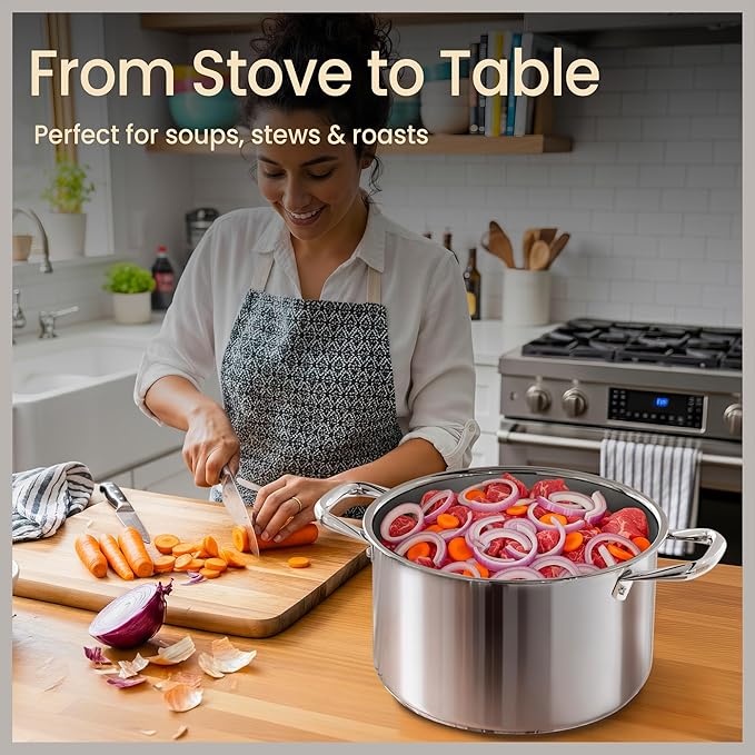 Stainless Steel Stockpot with Tempered Glass Lid 5 Quart, Durable 18/0 Stainless Steel, Impact-Bonded Base for Even Heating, Riveted Handles, Oven & All Stove Compatible, Safe Up To 500°F (260°C)