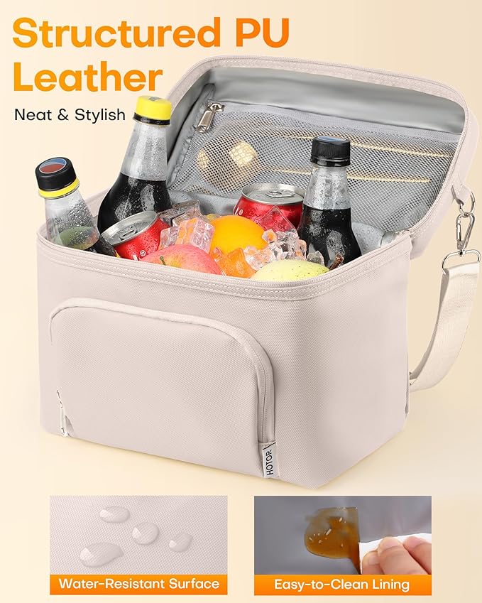 HOTOR Lunch Box for Women - Insulated Lunch Bag with Spacious 8L Capacity, PU Leather Cooler Bag, Water-Resistant & Easy to Clean, Ideal for Work or Everyday Use, Beige, 10.0" x 8.6"x 5.9"