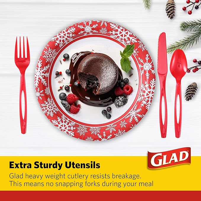 Glad Assorted Plastic Cutlery Set | Extra Heavy Duty Red Forks, Knives, and Spoons | 48 Piece Disposable Party Utensils, Sturdy Cutlery