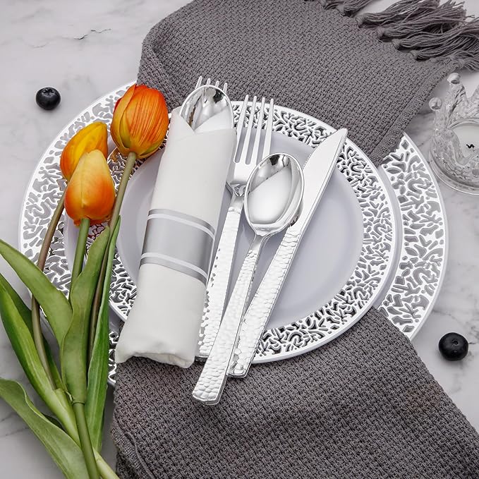 Supernal 60 Pack Pre-Rolled Silver Plastic Cutlery Heavy Duty Wrapped Silverware Disposable Premium Silver Plastic Silverware Forks and Spoons for Valentine's Day Mother's Day and Easter