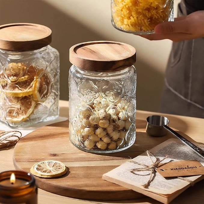 23.7 fl oz Vintage Glass Jar with Wooden Lid, Airtight Decorative Food Storage Canisters for Kitchen Counter & Pantry, Ideal for Candy, Sugar, Coffee,salt, Tea, Cereal, Flour, Oats