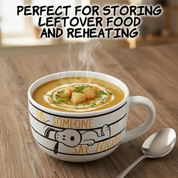 Silver Buffalo Peanuts Snoopy and Woodstock Did Someone Say Food Ceramic Soup Mug with Vented Plastic Lid, 24 Ounces