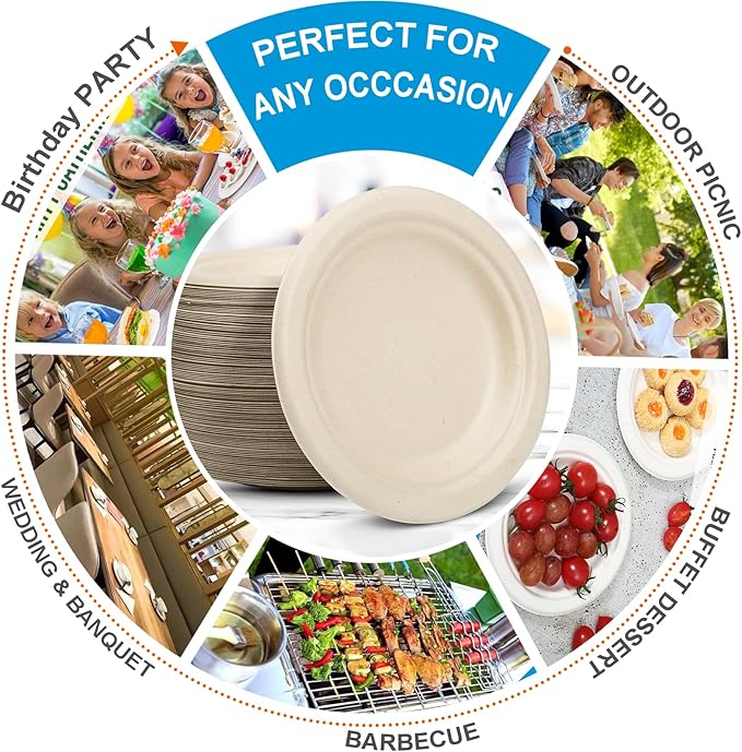 Disposable Large Paper Plates 9 Inch (Brown) - 100 Counts Heavy Duty Natural Bagasse Plates, Compostable & Leak-Proof, Microwave Safe for Thanksgiving Feast, Outdoor BBQ Ribs & Rustic Wedding