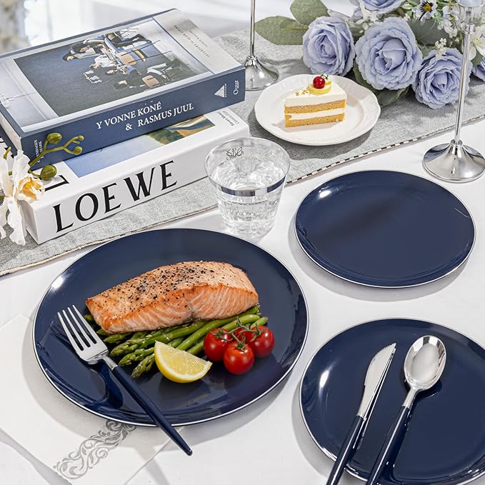 KIRE 175Pcs Blue Plastic Plates with Silver Rim & Disposable Silverware with Blue Handle & Silver-rim Cups & Hand Napkin & Plastic Dinnerware for Parties/Wedding/Passover