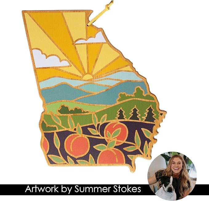 Totally Bamboo Georgia State Shaped Cutting Board and Charcuterie Serving Platter with Artwork by Summer Stokes, Includes Hang Tie for Wall Display 11-3/4" x 13-1/4" x 5/8"