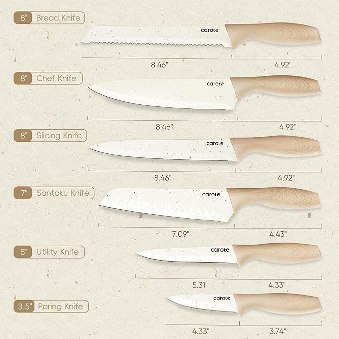 CAROTE 12PCS Knife set with Blade Guards,Granite Nonstick Ceramic Coating,Stainless Steel blade, Anti-Slip Handle, Essential Knives, Rustproof, White