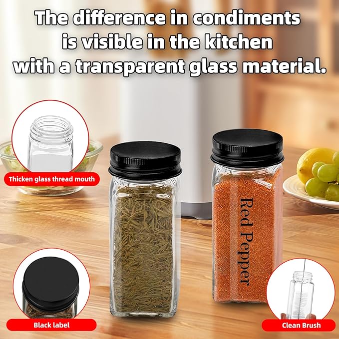 2Pcs 4oz Square Glass Spice Jars with Label, Empty Containers with black iron Lids , Square Seasoning Containers Trial and Supplement Set, Small Seasoning Bottles for Salt, Herbs, Sugar, Pepper (2)