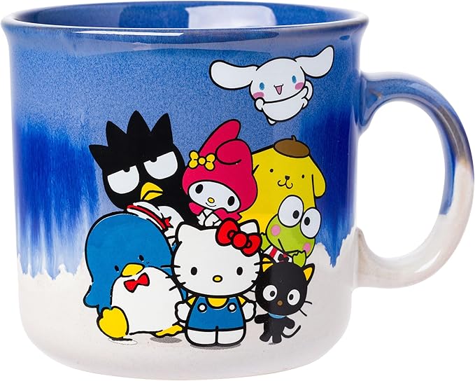 Silver Buffalo Sanrio Hello Kitty and Friends Featuring Chococat, Tuxedo Sam, Badtz-Maru, My Melody, Pompompurin, Keroppi, and Cinnamoroll Reactive Glaze Ceramic Camper Mug, 20 Ounces