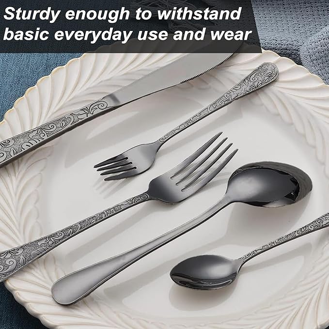 Runfly Vintage Carved Black Stainless Steel 20 Pieces Flatware Set, Black Silverware Set, Modern Embossed Cutlery Set Utensils Including Fork Spoon and Knife