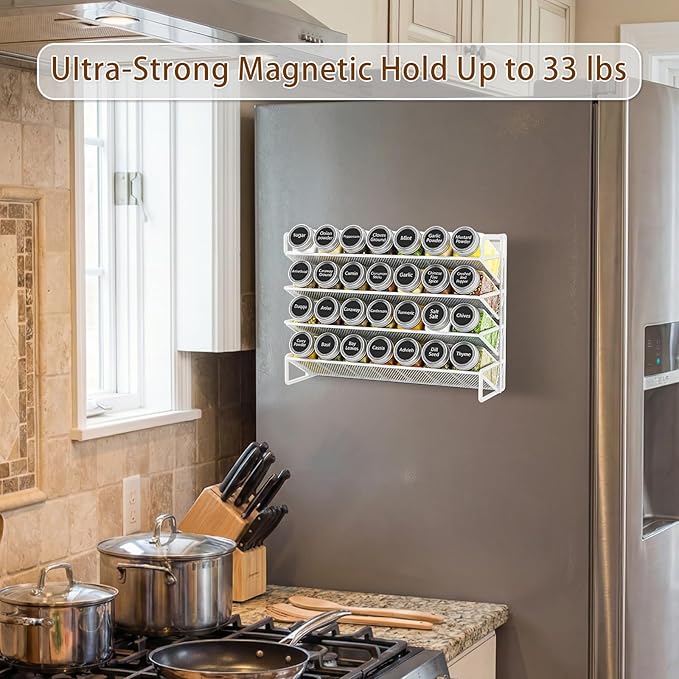 Magnetic Spice Rack Organizer for Refrigerator with 28 Spice Jars, 386 Spice Labels, 4 Hook, Chalk Marker and Funnel Set, Magnetic Shelf for Seasoning Organizer, 13.2'' W x 9.8 H, White