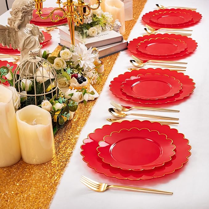 LIYH 60 Pcs Red Plastic Plates Disposable with Gold Edge Scalloped Red Disposable Plates Includes 30 Dessert & 30 Dinner Plate Dishes Tableware for Party Birthday Mother's Day
