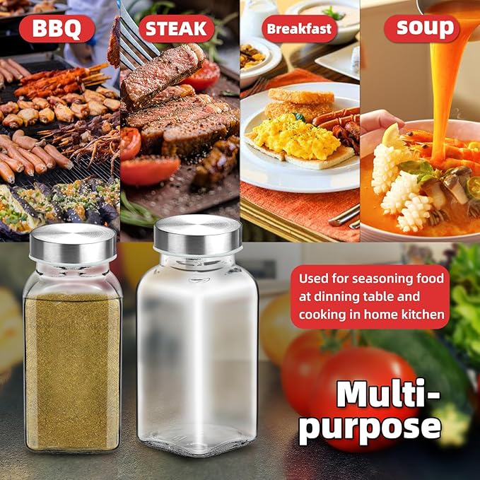 12Pcs 6oz Glass Spice Jars 304 Stainless steel Lids with Shaker Lids, Spice Jars Trial Set & Supplement Set, Empty Spice Containers and Square Spice Bottles for Kitchen (12)