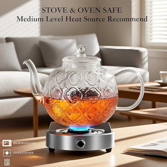 Glass Teapot with Removable Infuser-1500ml/50oz Clear GlassTea Pot for Stovetop, Borosilicate Microwave-Safe Glass Tea Kettle & Tea Maker for Blooming & loose Tea