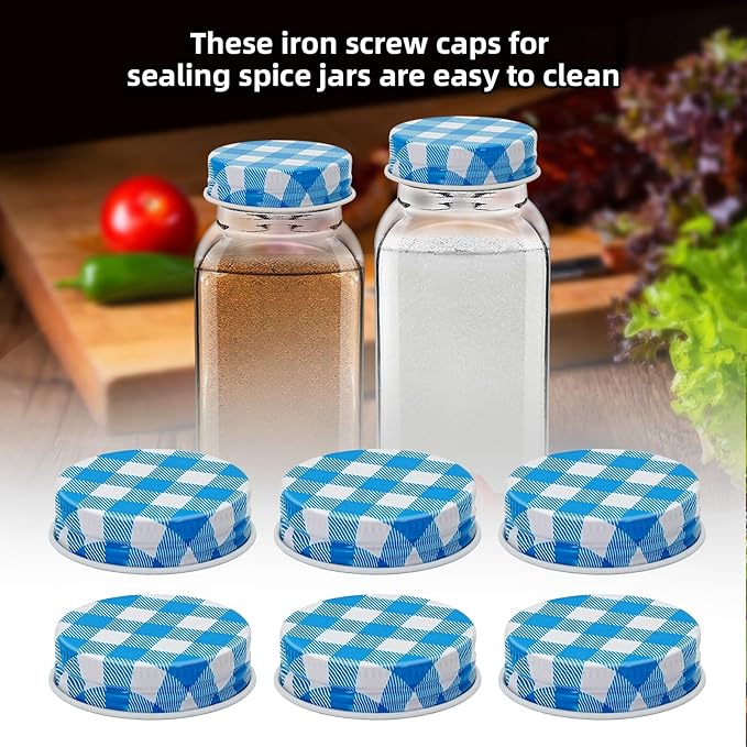 48 Pcs iron Jar Lids Lids for 4 oz and 6 oz Square Spice Jars Reusable Can Airtight Spice Storage Canning Lids for Nice Sealing Kitchen (Blue grid)