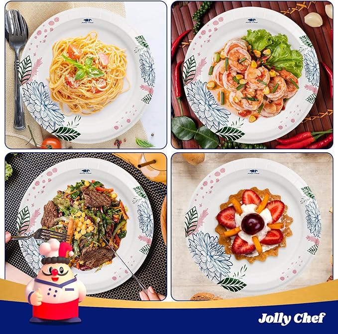 JOLLY CHEF 280 Count Paper Plates 8.37 inch Soak Proof, Cut Proof, Heavy Duty Flower Printed Disposable Paper Plates for Everyday Use, Thanksgiving, Christmas Day