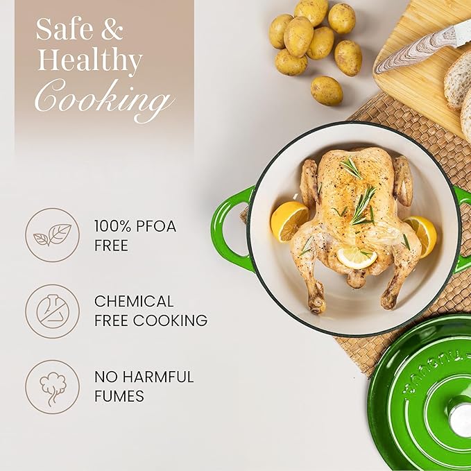 Cast Iron Pot with Lid – Non-Stick Ovenproof Enamelled Casserole Pot, Oven Safe up to 500° F – Sturdy Dutch Oven Cookware – Green, 5-Quart, 24cm – by Nuovva