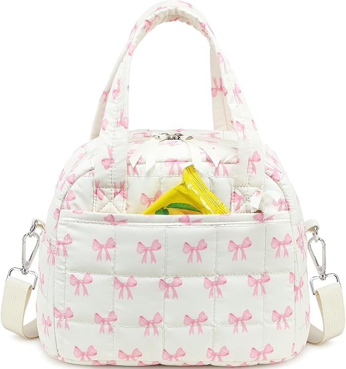 LEDAOU Lunch Box for Women Lunch bag Quilted Puffer Lunch Box with Adjustable Strap Insulated Reusable LunchBox for Work School Picnic Travel (Pink Bow - Beige)