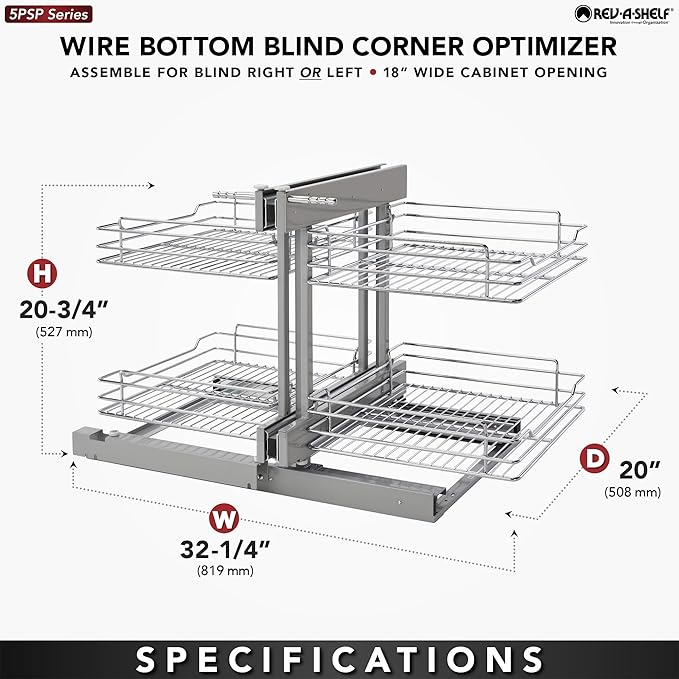 Rev-A-Shelf Chrome Two-Tier Wire Bottom Optimizer for 18" Blind Corner Cabinet Openings, Storage Organizer with 4 Shelves, 5PSP-18-CR