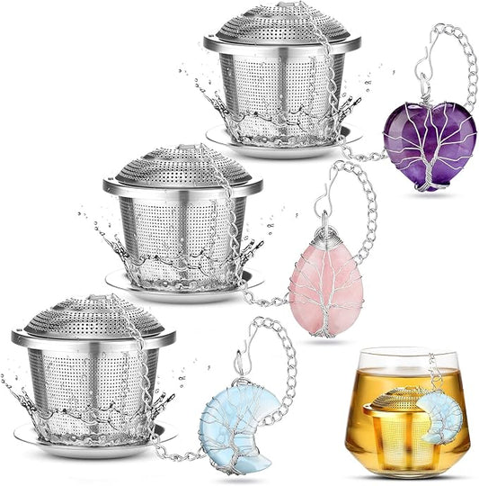 3 Sets Tea Infusers Steeper for Loose Leaf Tea Holder Stainless Steel Tea Ball Mesh Strainer Filters with Drip Trays and Pendant(Novelty Style)