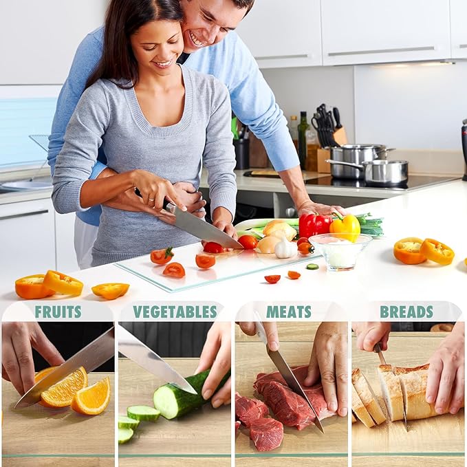 2Pcs Tempered Glass Cutting Board for Kitchen Counter, FAAYUCK Glass Cutting Board with Non-Slip Feet, Heat Resistant, Non-Slip, Scratch Resistant, Shatter Resistant (8"x12"&12"x16")