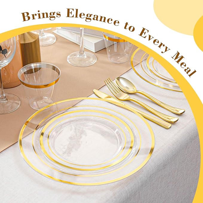200PCS Clear Plastic Plates, Disposable Party Plates with Gold Rim, Include 100 Dinner Plate and 100 Elegant Dessert Plate for Party and Wedding