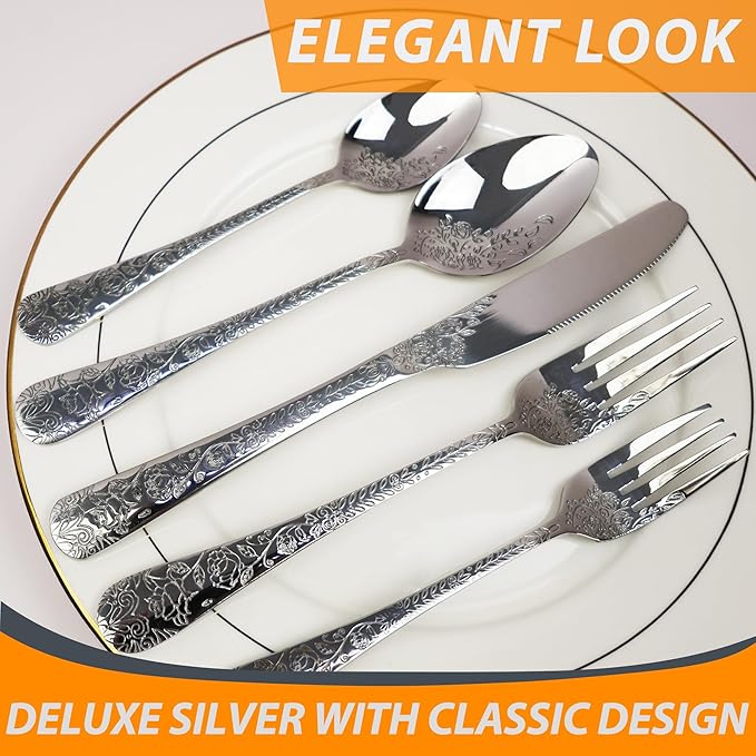 Runfly Vintage Carved Floral Silver Silverware Set for 4, Stainless Steel 20-Piece Flatware Set with Knife/Fork/Spoon, Cutlery Set for Home and Kitchen, Modern Utensil Set
