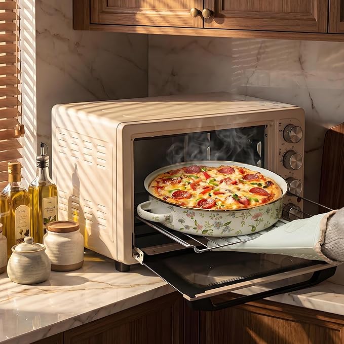 11 Inch Enamel Pie Pan Vintage Art Enamel Non-stick Baking Dish Oven and Dishwasher Safe for Turkey Pizza Desserts Easter Gift for Wife Baking Dish(Floral Print Style)