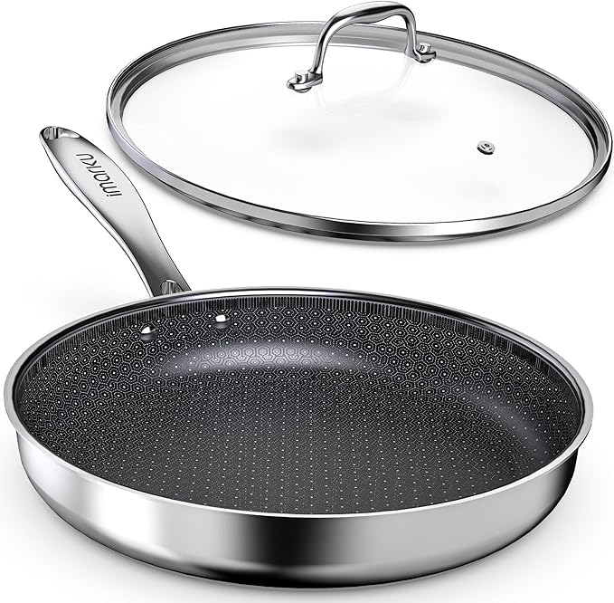 imarku 12" Non Stick Frying Pan with Lid, Stainless Steel Pan with Durable Ceramic Coating, 5.5-Quart Deep Skillet for Family Meals, Induction Cookware, Oven & Dishwasher Safe, PFOA Free
