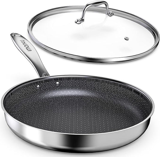 imarku 12" Non Stick Frying Pan with Lid, Stainless Steel Pan with Durable Ceramic Coating, 5.5-Quart Deep Skillet for Family Meals, Induction Cookware, Oven & Dishwasher Safe, PFOA Free