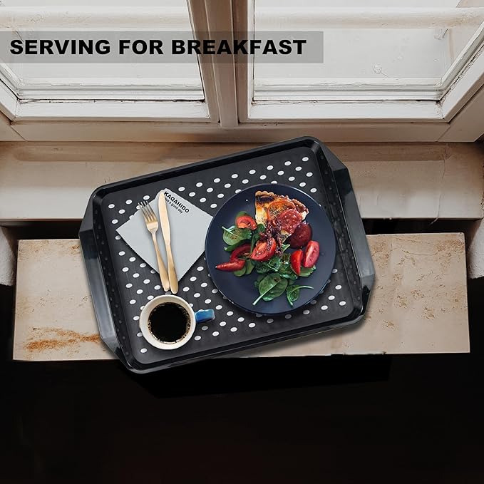 KAQAHIDO Large Non Slip Serving Tray with Grippy Dots, TV Lap Trays for Eating on Couch, Meal Serve for Dinner Breakfast, Rectangular Food Carrying for Plates, Glasses, Dishes, Set of 2, Black