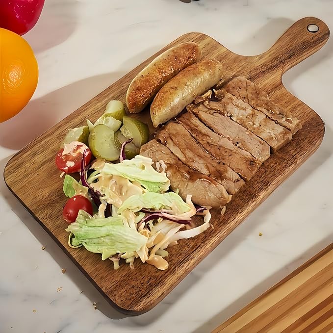 Acacia Wood Cutting Board with Handle - 14 x 7in, Wooden Chopping Board for Meat, Cheese, Bread, Fruits & Vegetables – Ideal Charcuterie & Serving Board, Durable Butcher Block