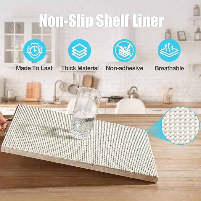 Songrey Non-Adhesive Drawer and Shelf Liner, Non Slip Cabinet Liners, Protect Kitchen Cupboard, Bathroom Drawers, Breathable, Thick Strong Grip mat (23.6IN x 20FT, Cream)
