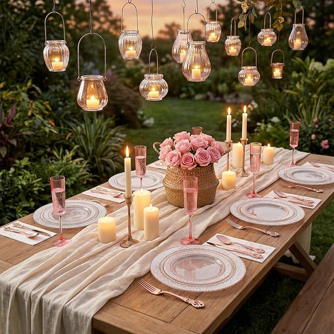 102PCS Rose Gold Plastic Plates - Clear Rose Gold Disposable Plates - Elegant Hammered Plate Include 51PCS 7.5inch Dessert & 51PCS 10.25inch Dinner Plate for Easter Party