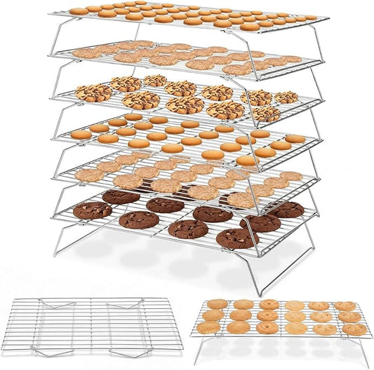 6 Tier Silver Stackable Cooling Rack 15.7" x 9.85" Foldable Baking Rack Collapsible Low Carbon Steel Wire Large Capacity Roasting Baking Gifts for Women Roasting Grilling Silver