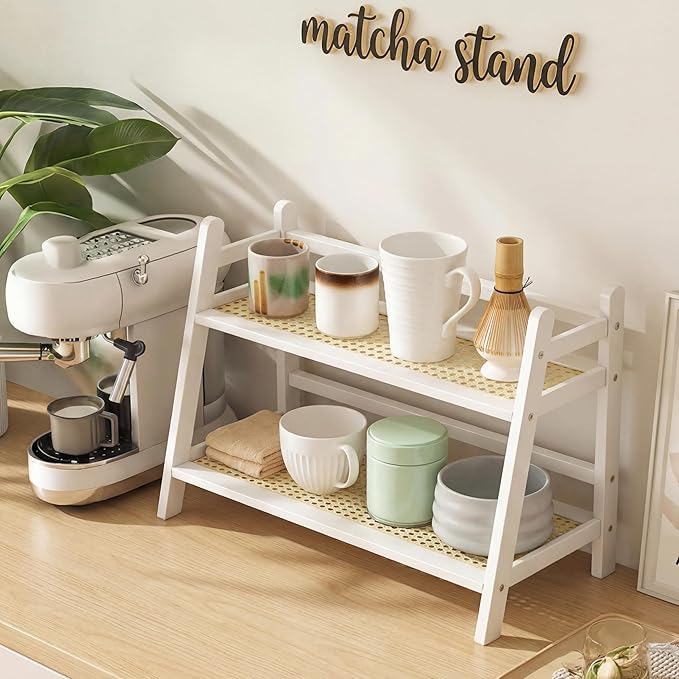1 Pcs 2 Tier Matcha Station Shelf Bamboo Coffee Mug Stand Countertop Storage Rack, Double Layer Rattan Office Cup, Kitchen, Tea, Plant, Bar Accessories Condiment Display (White,17.7 Inch)