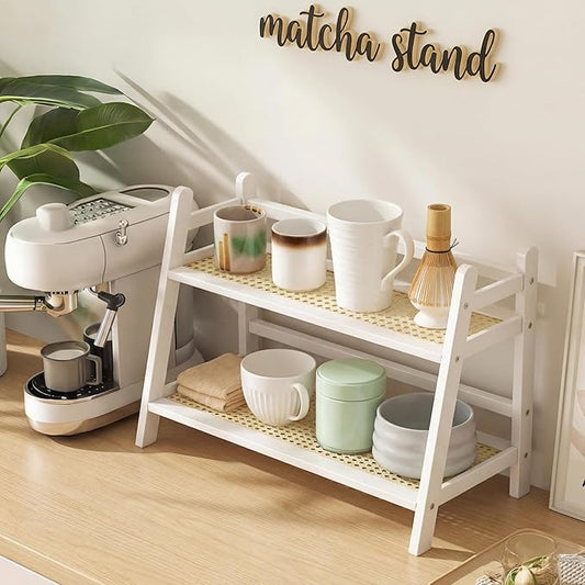 1 Pcs 2 Tier Matcha Station Shelf Bamboo Coffee Mug Stand Countertop Storage Rack, Double Layer Rattan Office Cup, Kitchen, Tea, Plant, Bar Accessories Condiment Display (White,17.7 Inch)