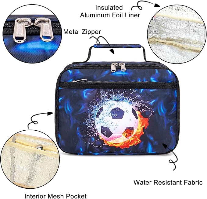 LEDAOU Lunch Box Kids Boys Girls Lunch Bag Insulated Lunch Box Toddler Reusable Lunchbox for School Picnic Hiking (Soccer Blue)