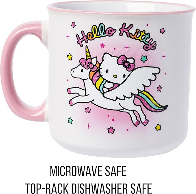 Silver Buffalo Sanrio Hello Kitty Rainbow Unicorn Glitter Ceramic Camper Mug, 20 Ounces