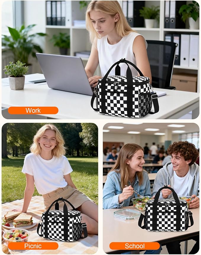 LOIDOU Lunch Box for Women Men Insulated Corduroy Lunch Bag Cooler Leakproof Reusable Adult Lunchbox Adjustable Strap lunch tote for Work Office Beach Picnic, Black Check