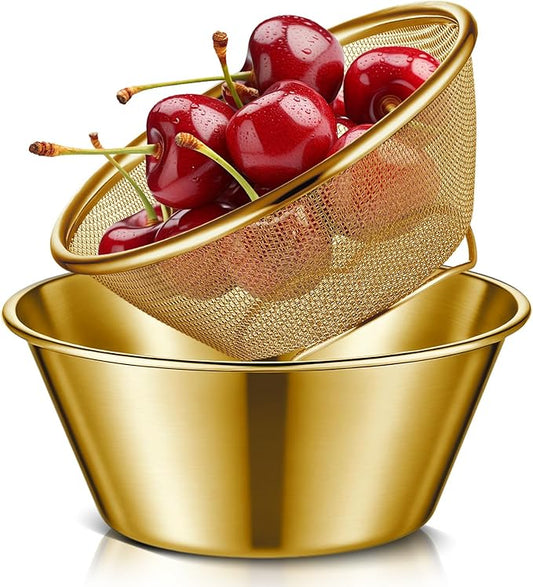 Baderke 2 Pcs Mini Colander & Food Strainer 304 Stainless Steel Small Mixing Colanders Bowl Rice Strainer for Kitchen Cooking Fruit Washing Vegetable(5.51 x 2.36 Inches,Gold)