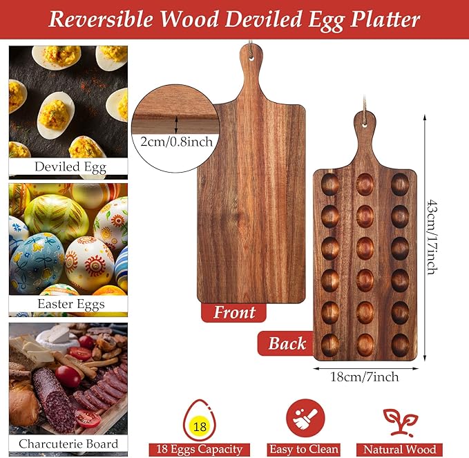 Gerrii Reversible Wooden Deviled Egg Platter Deviled Egg Tray Charcuterie Board Cutting Board Cheese Serving Tray for Home Kitchen(17 x 7 Inch, 18 Holes)