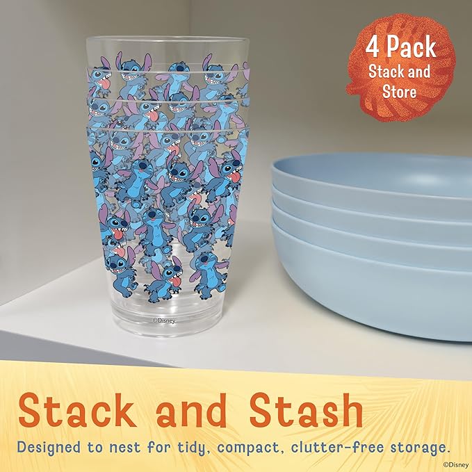 Disney Reusable Plastic Cups – 4 Pack 16 oz Plastic Drinking Glasses with Mickey, Stitch, Pooh, or Disney100 Designs – BPA-Free, Stackable, Top Rack Dishwasher Safe Tumblers for Water, Juice & More